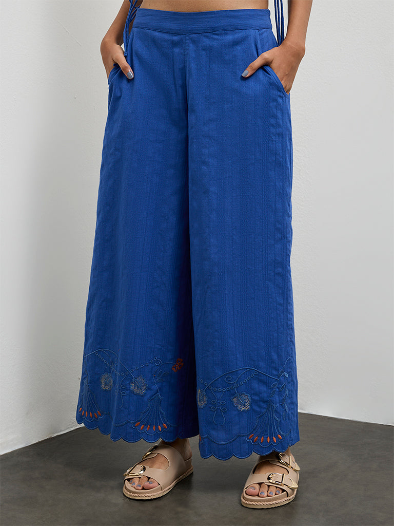 Bombay Paisley Blue Embroidered High-Rise Cotton Pants