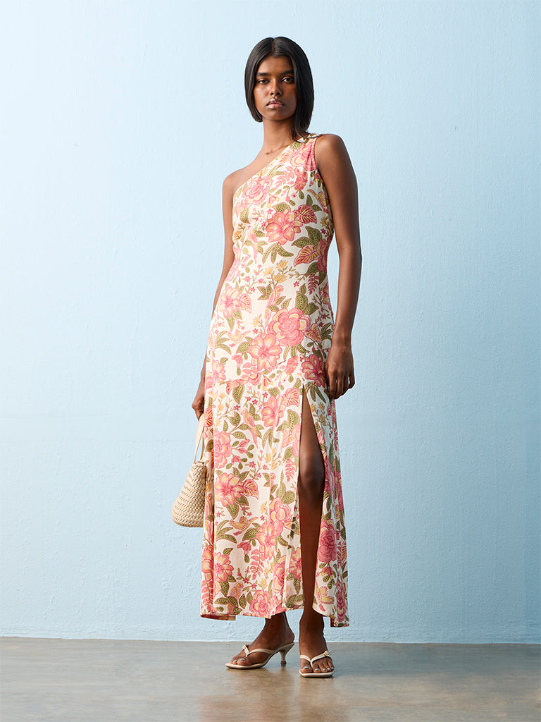 Bombay Paisley Peach Floral Printed One-Shoulder A-Line Dress