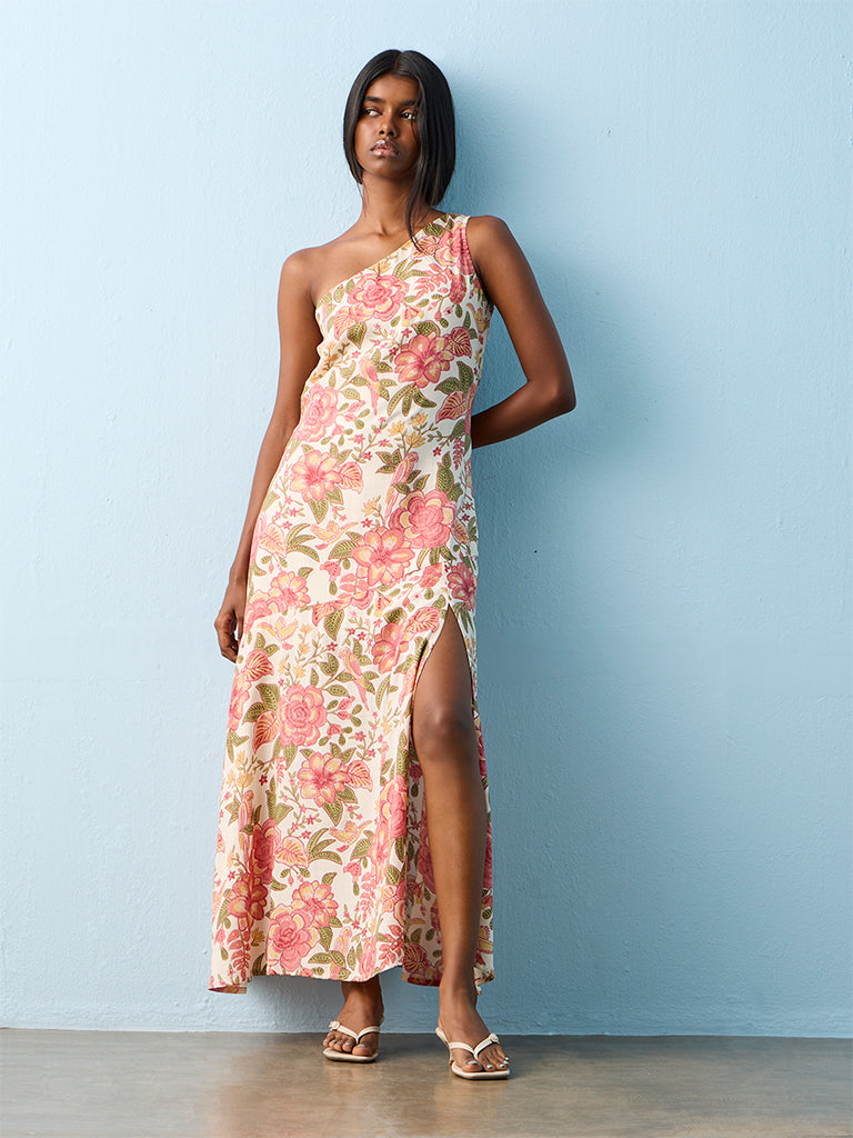 Bombay Paisley Peach Floral Printed One-Shoulder A-Line Dress