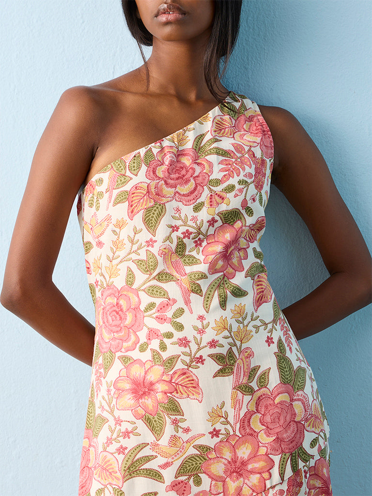 Bombay Paisley Peach Floral Printed One-Shoulder A-Line Dress