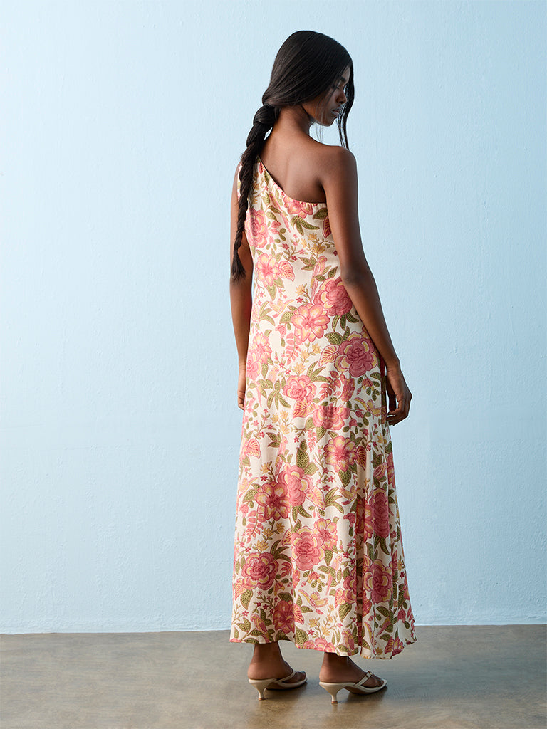 Bombay Paisley Peach Floral Printed One-Shoulder A-Line Dress