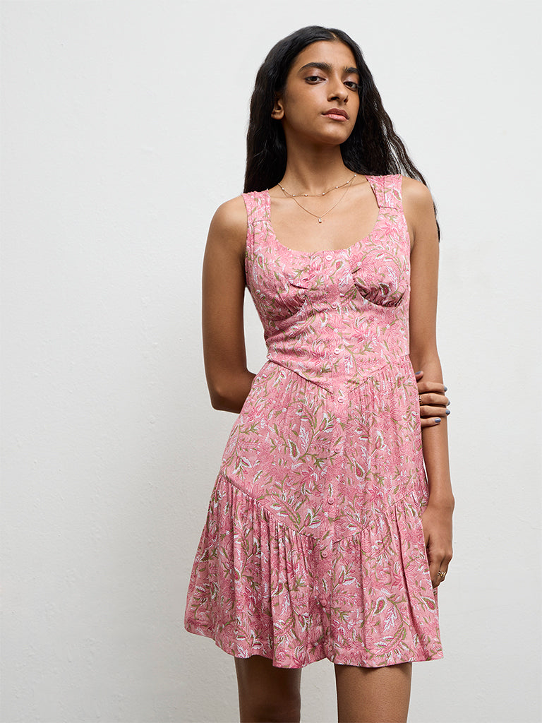 Bombay Paisley Pink Floral Pattern Cotton-Blend A-Line Dress