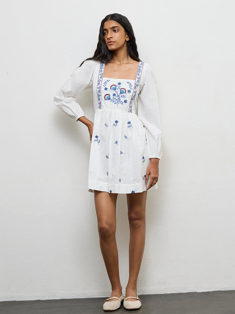 Bombay Paisley Off-White Floral Embroidered Cotton A-Line Dress