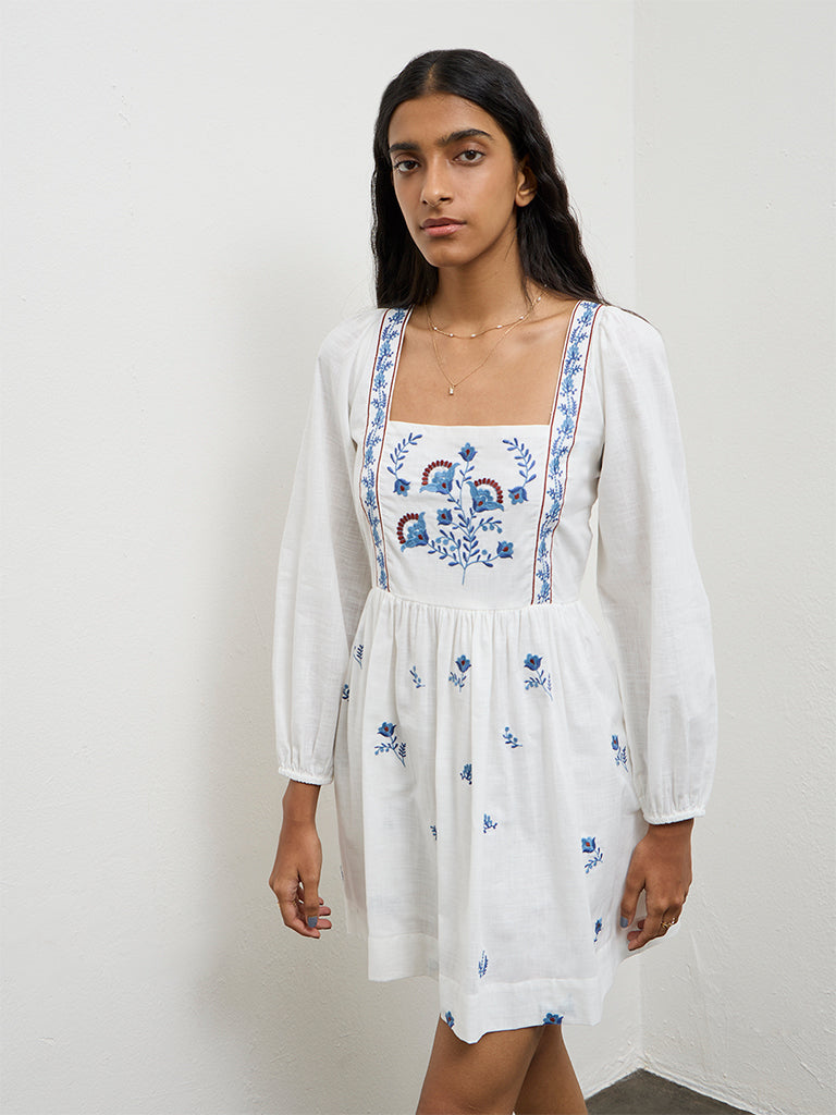 Bombay Paisley Off-White Floral Embroidered Cotton A-Line Dress