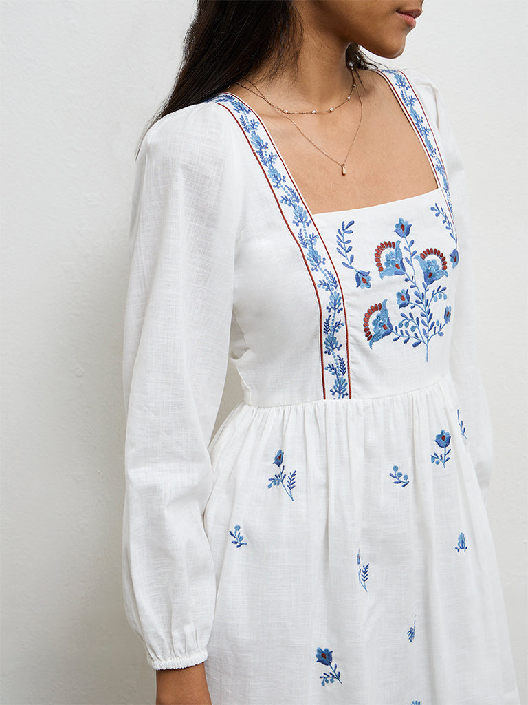 Bombay Paisley Off-White Floral Embroidered Cotton A-Line Dress