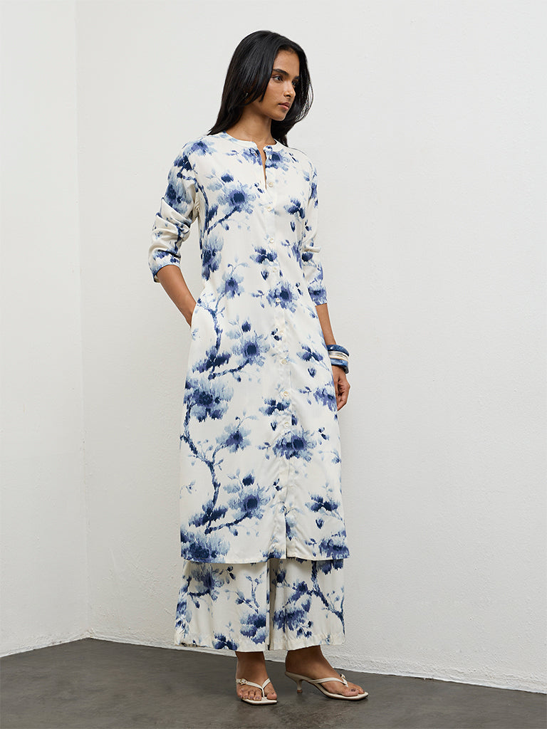 Utsa Indigo Floral Printed A-Line Kurta