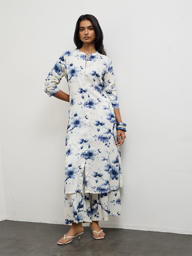 Utsa Indigo Floral Printed A-Line Kurta