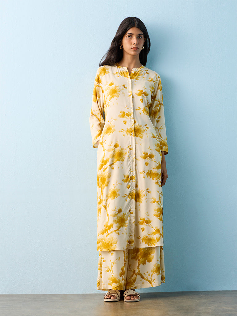 Utsa Mustard Tie-Dye Printed A-line Kurta