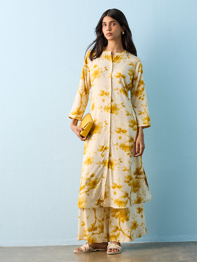 Utsa Mustard Tie-Dye Printed A-line Kurta