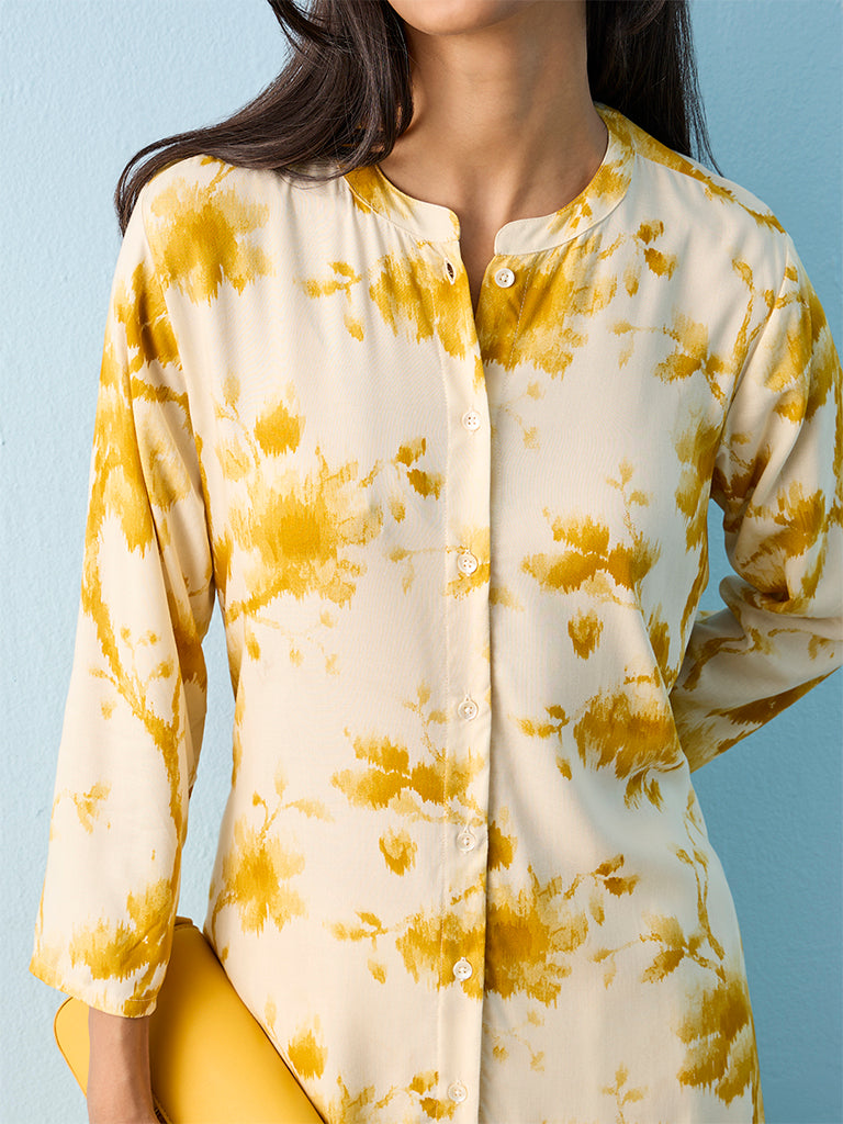 Utsa Mustard Tie-Dye Printed A-line Kurta