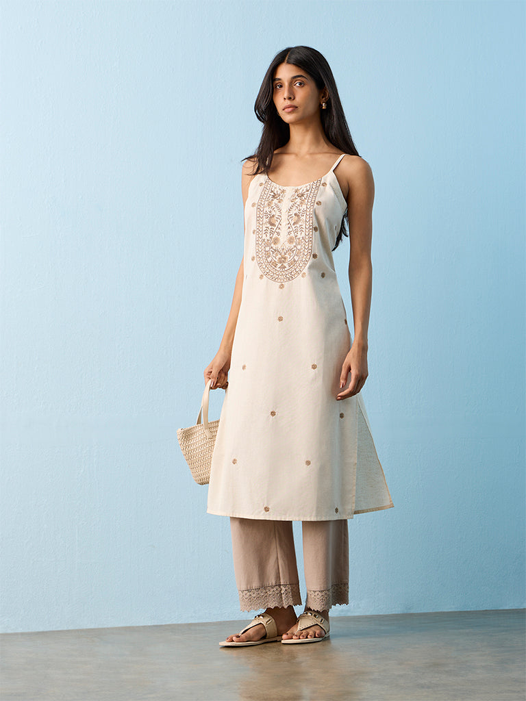 Utsa Off-White Floral Embroidered Cotton-Blend A-line Kurta