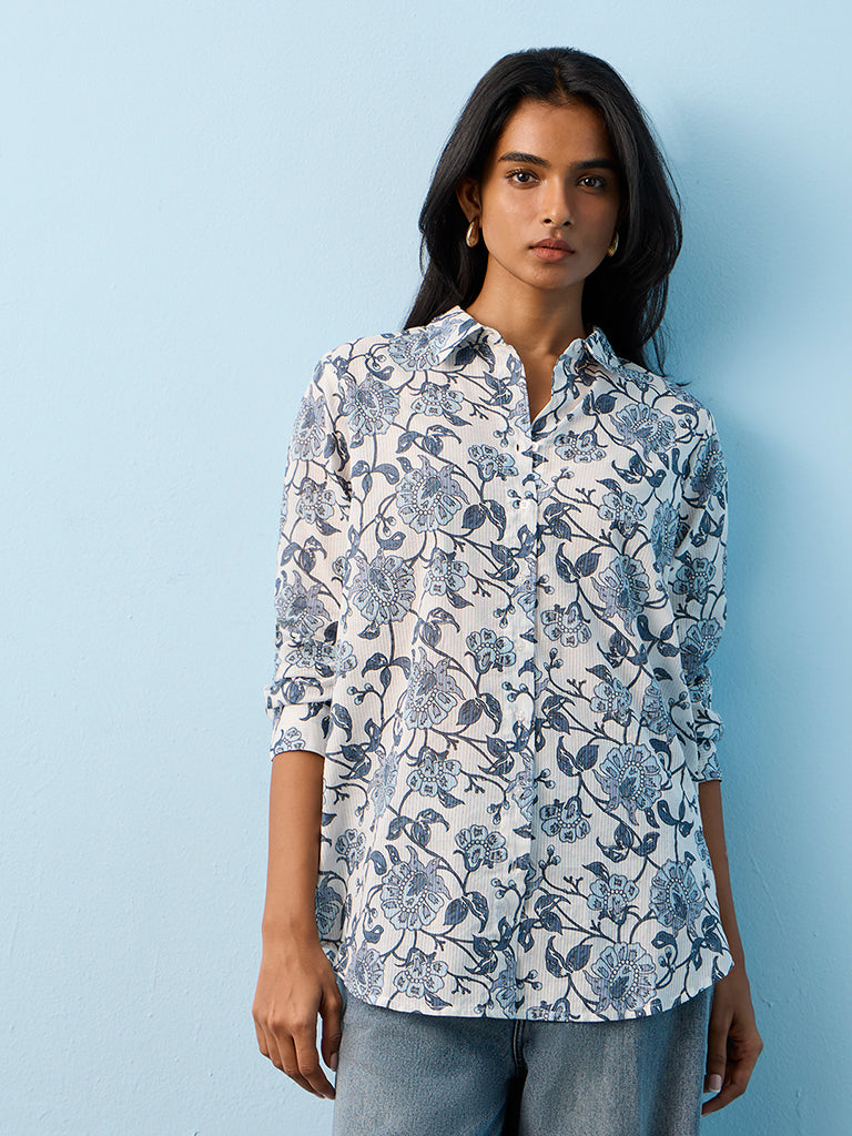 Utsa Indigo Foliage Printed Cotton Tunic