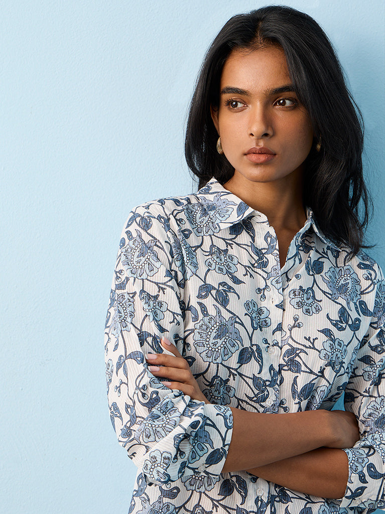 Utsa Indigo Foliage Printed Cotton Tunic