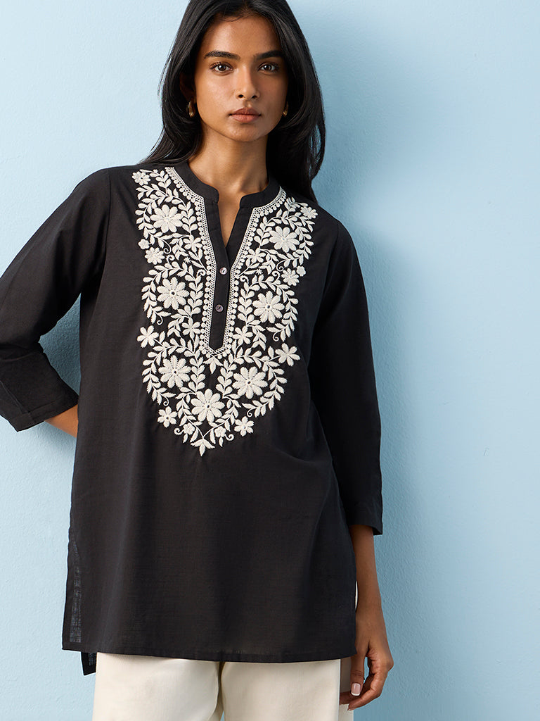 Utsa Black Floral Embroidered Cotton Tunic