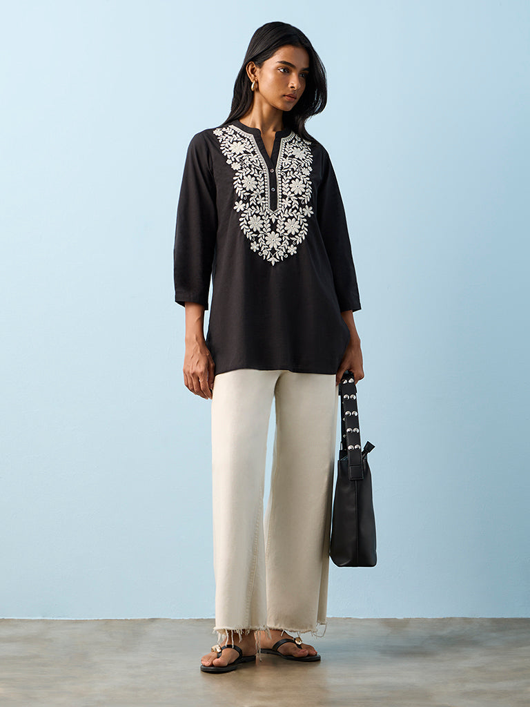Utsa Black Floral Embroidered Cotton Tunic