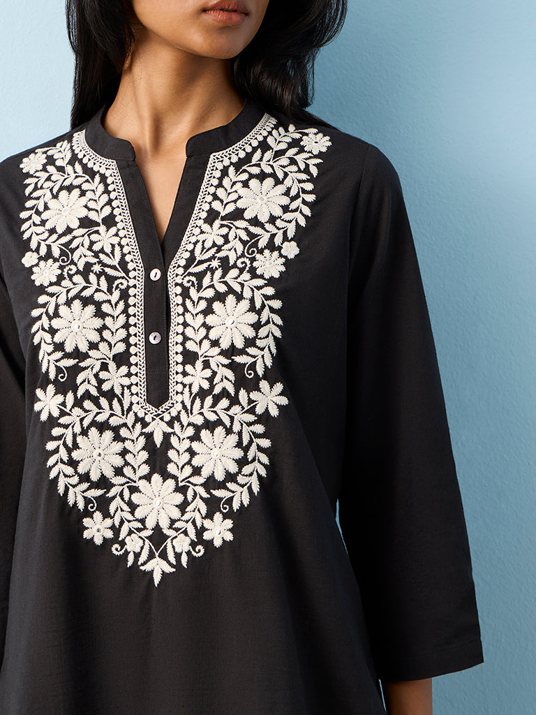 Utsa Black Floral Embroidered Cotton Tunic