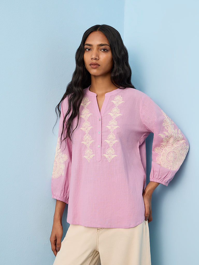 Utsa Lilac Floral Embroidered Cotton Straight Tunic