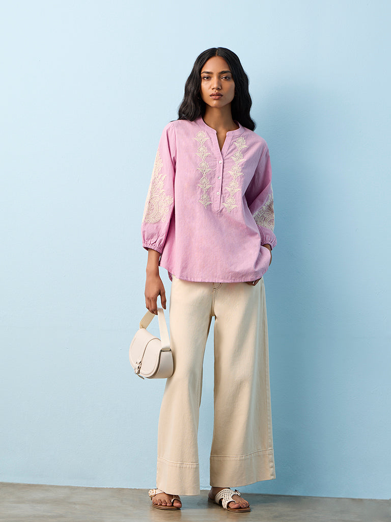 Utsa Lilac Floral Embroidered Cotton Straight Tunic