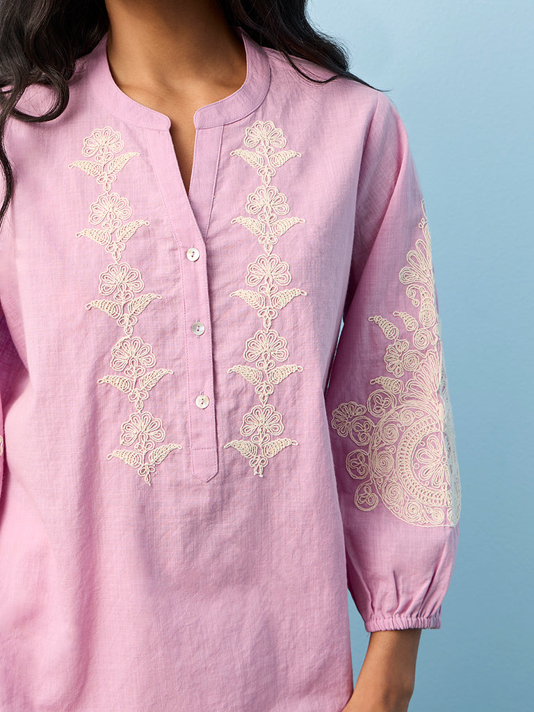 Utsa Lilac Floral Embroidered Cotton Straight Tunic