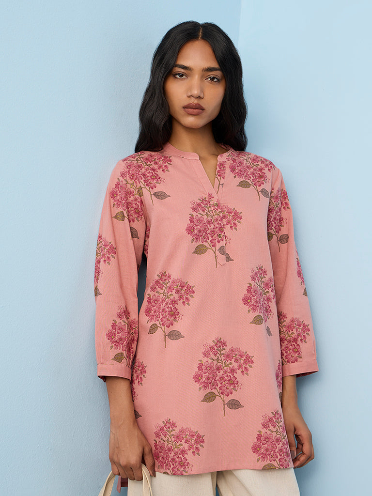 Utsa Coral Foliage Pattern Cotton-Blend Tunic