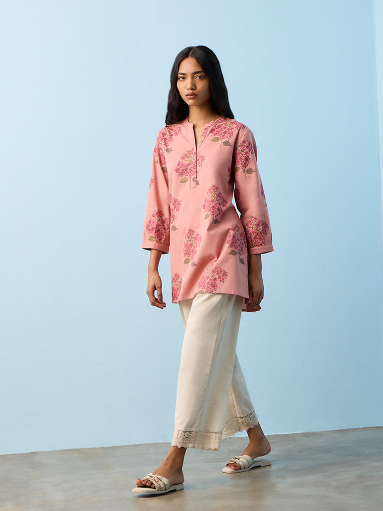 Utsa Coral Foliage Pattern Cotton-Blend Tunic