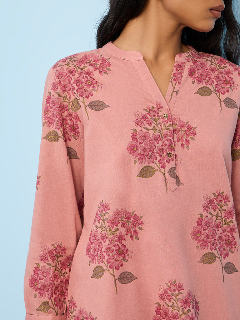 Utsa Coral Foliage Pattern Cotton-Blend Tunic