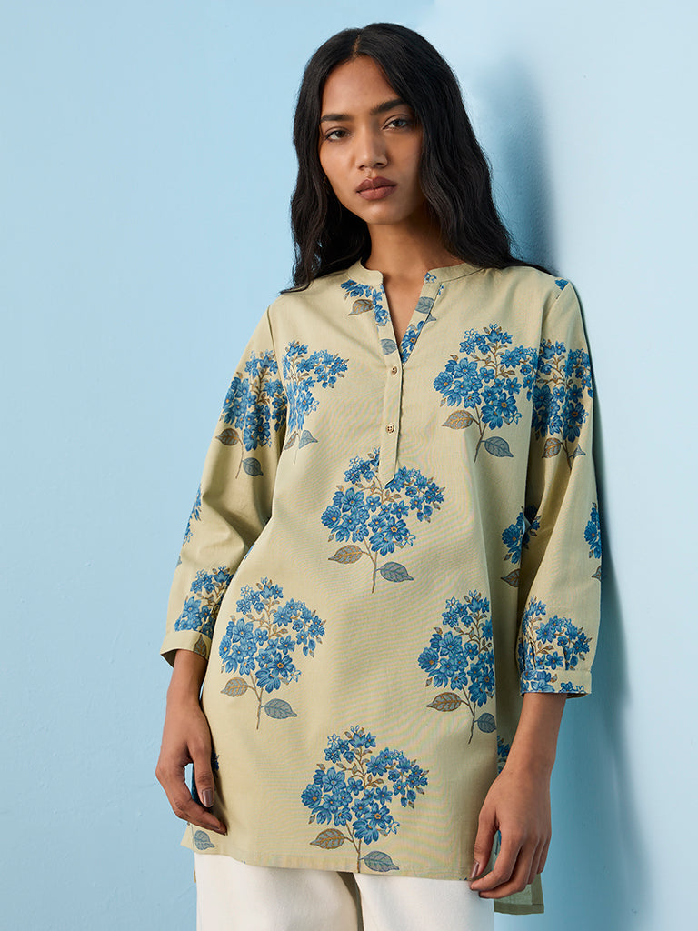 Utsa Sage Foliage Pattern Cotton-Blend Tunic
