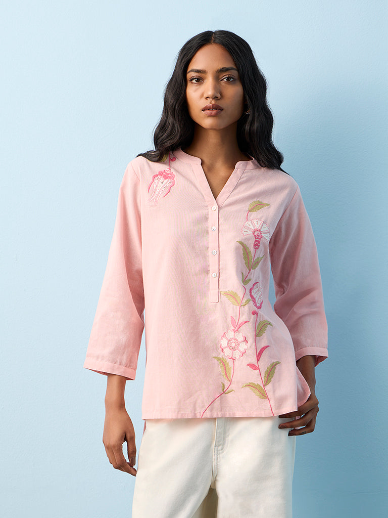 Utsa Pink Foliage Embroidered Cotton-Blend Straight Tunic
