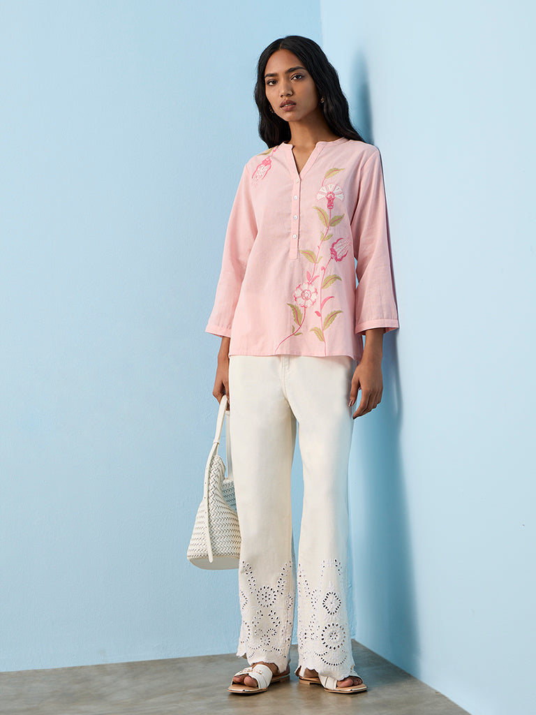 Utsa Pink Foliage Embroidered Cotton-Blend Straight Tunic