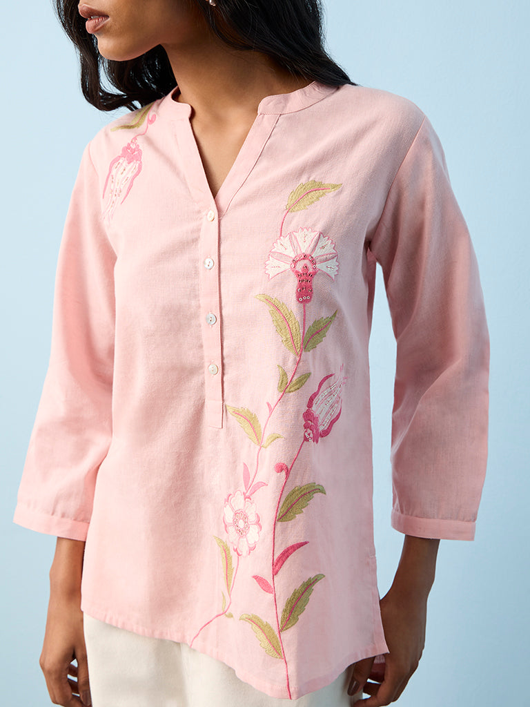 Utsa Pink Foliage Embroidered Cotton-Blend Straight Tunic