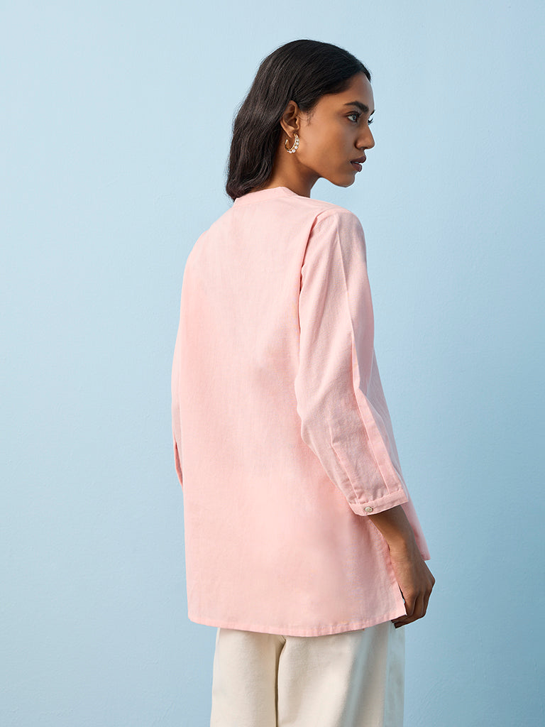 Utsa Pink Foliage Embroidered Cotton-Blend Straight Tunic