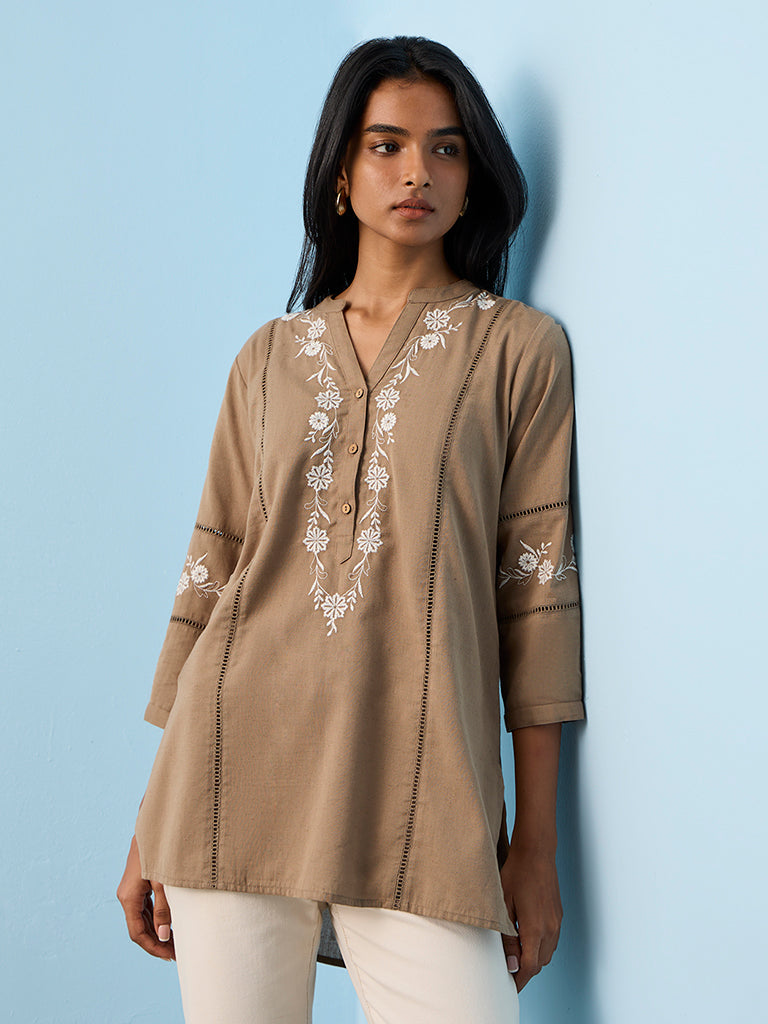 Utsa Taupe Floral Embroidered Cotton-Blend Tunic