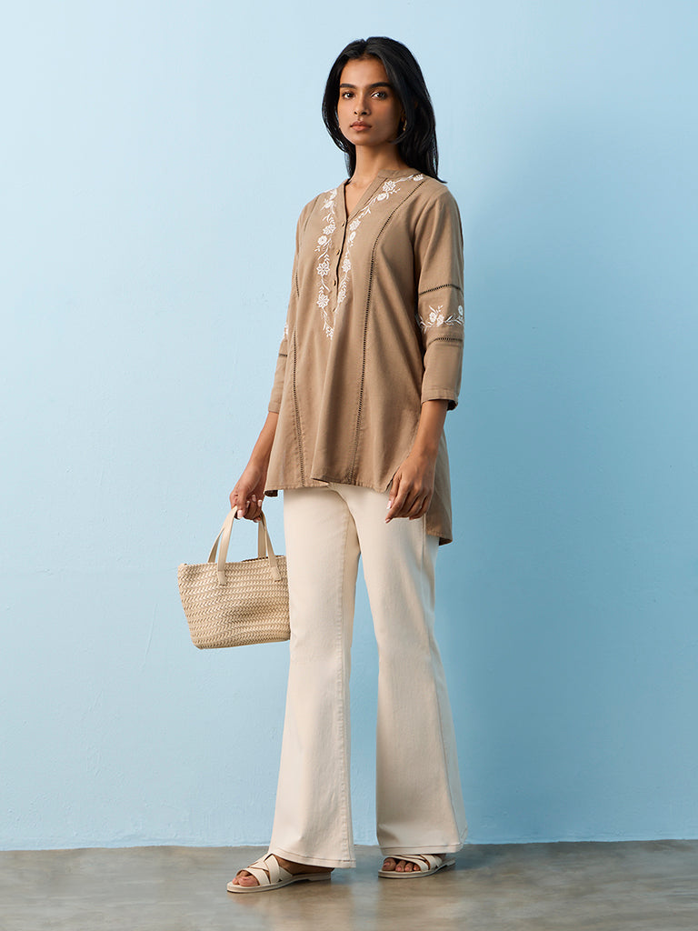 Utsa Taupe Floral Embroidered Cotton-Blend Tunic