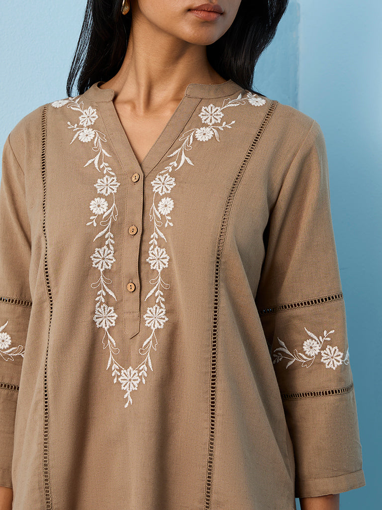 Utsa Taupe Floral Embroidered Cotton-Blend Tunic