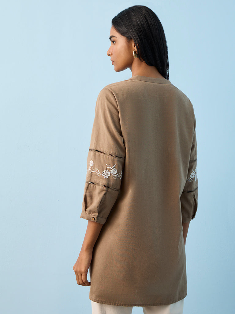 Utsa Taupe Floral Embroidered Cotton-Blend Tunic