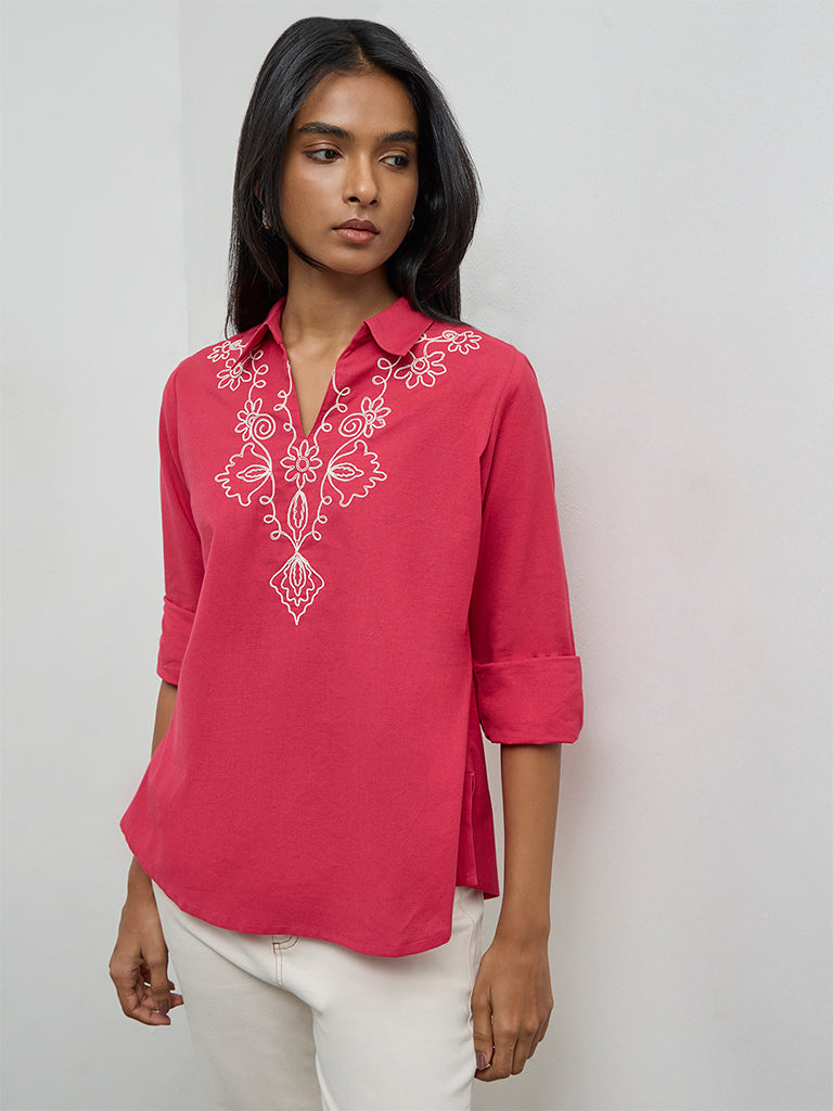 Utsa Fuchsia Embroidered Cotton-Blend Tunic