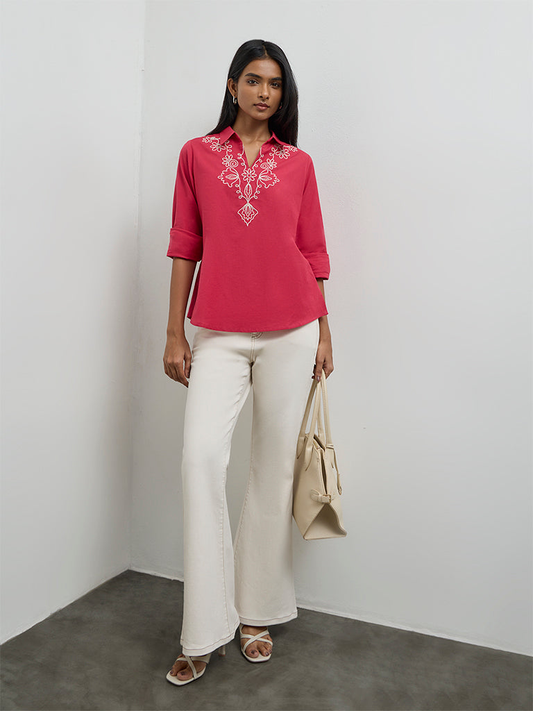Utsa Fuchsia Embroidered Cotton-Blend Tunic