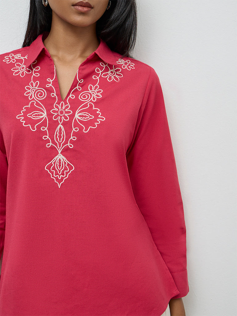 Utsa Fuchsia Embroidered Cotton-Blend Tunic