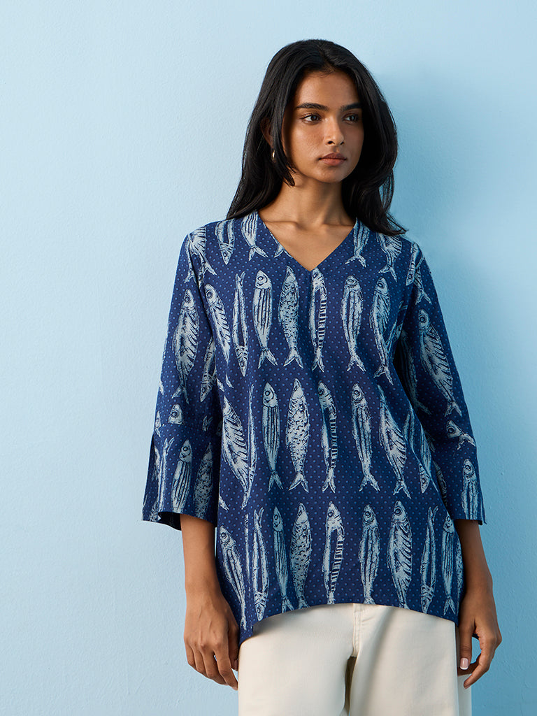Utsa Indigo Fish Pattern Tunic