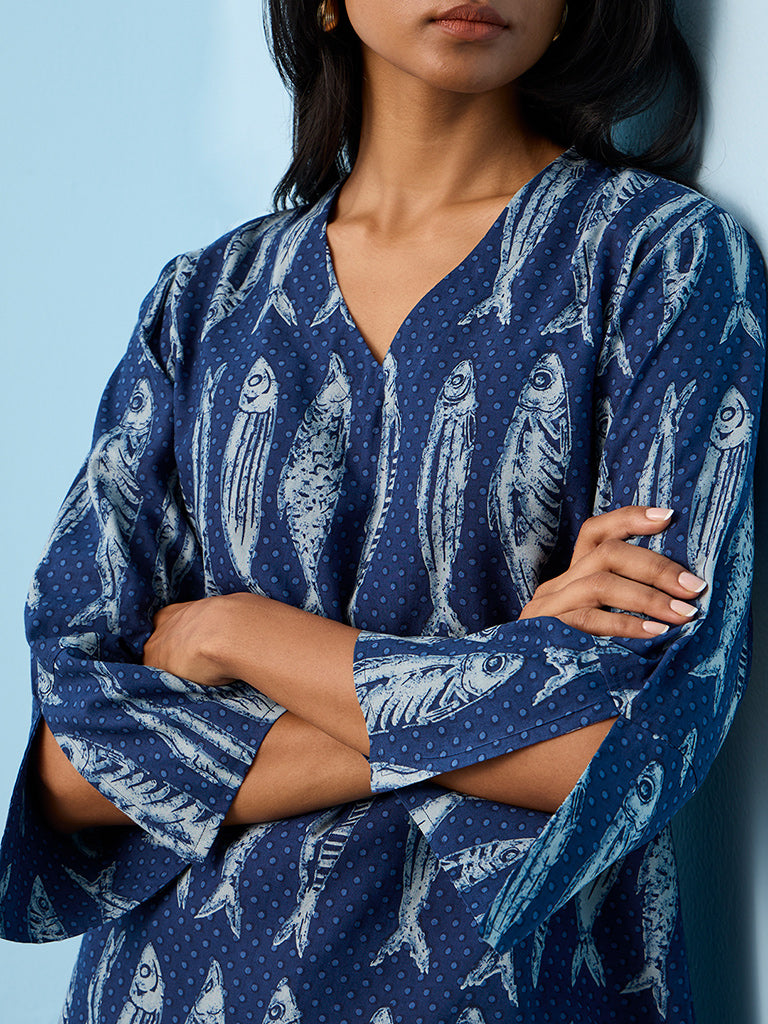 Utsa Indigo Fish Pattern Tunic