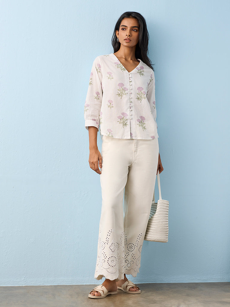 Utsa White Floral Pattern Cotton Tunic