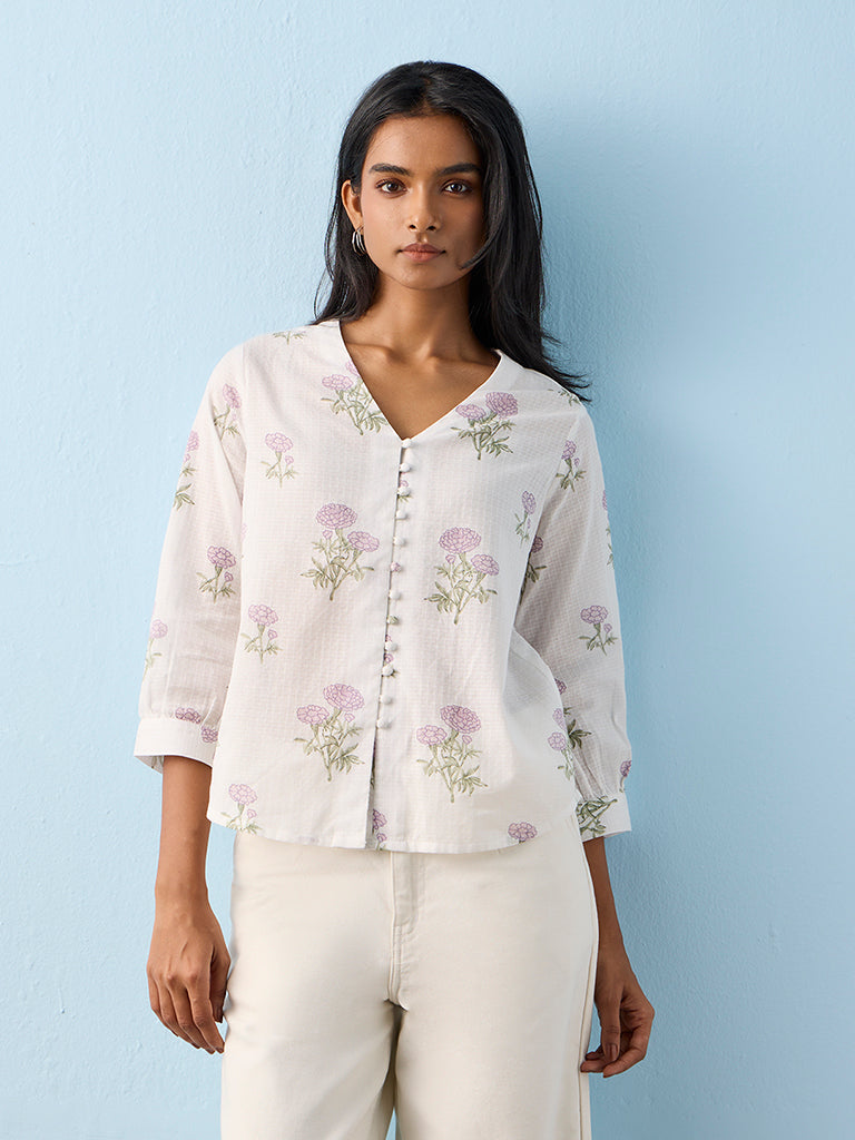 Utsa White Floral Pattern Cotton Tunic