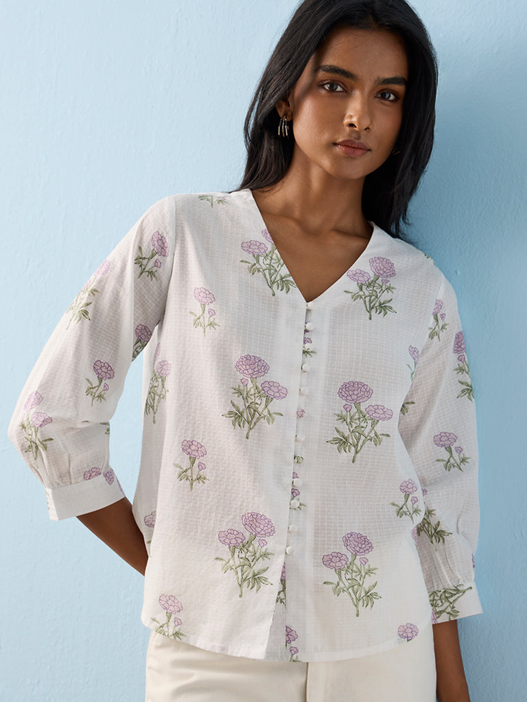 Utsa White Floral Pattern Cotton Tunic