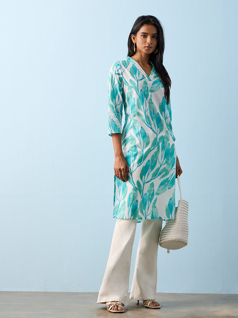 Utsa Aqua Botanical Printed Cotton Straight Kurta