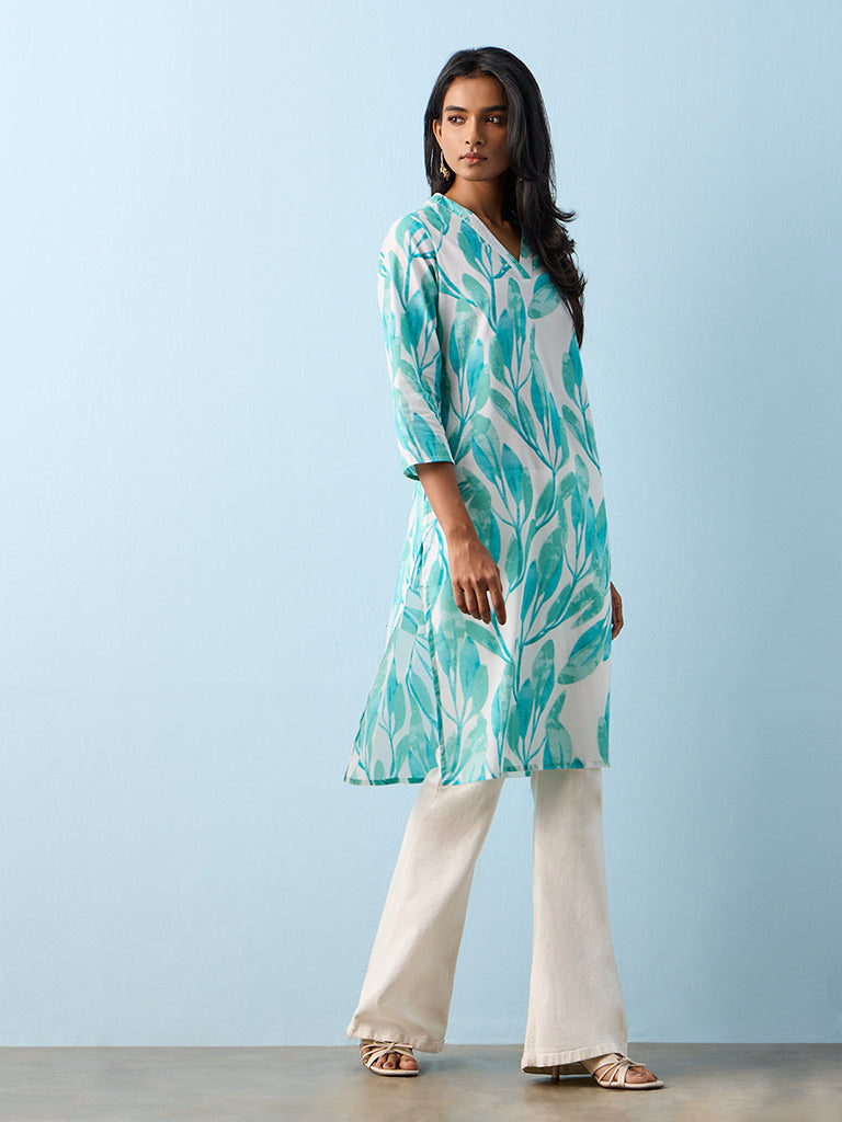 Utsa Aqua Botanical Printed Cotton Straight Kurta