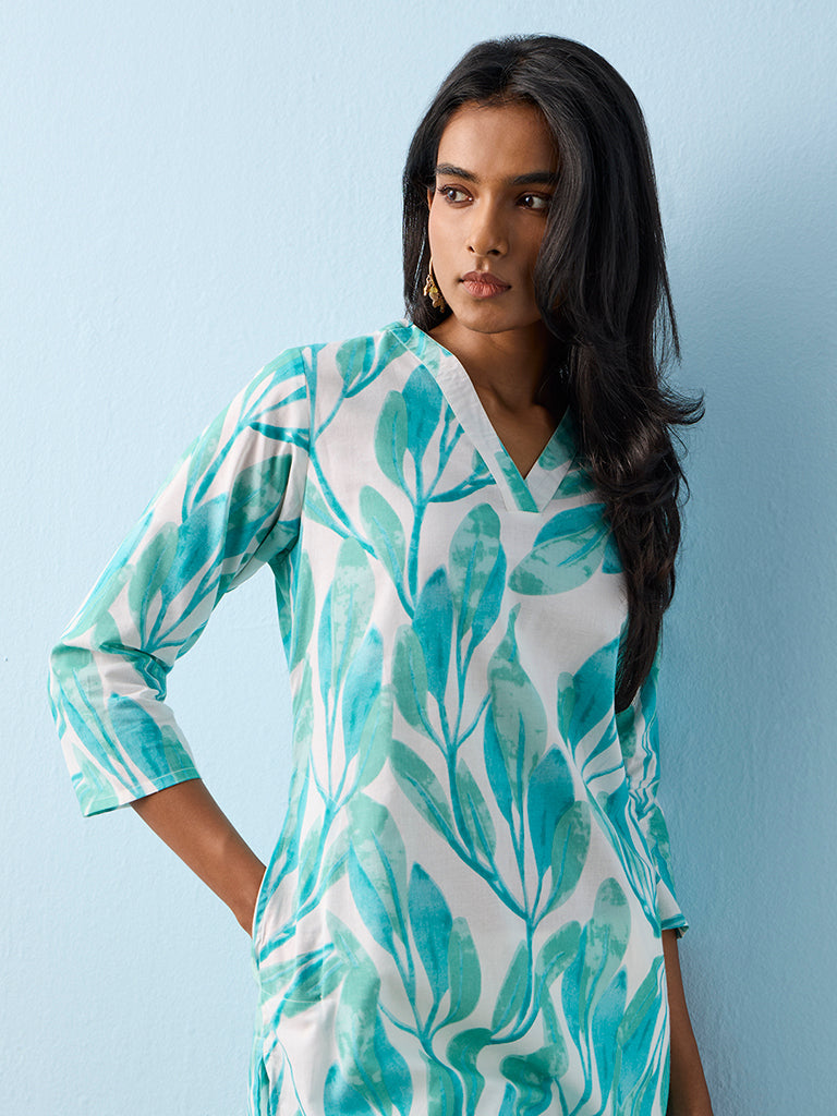 Utsa Aqua Botanical Printed Cotton Straight Kurta