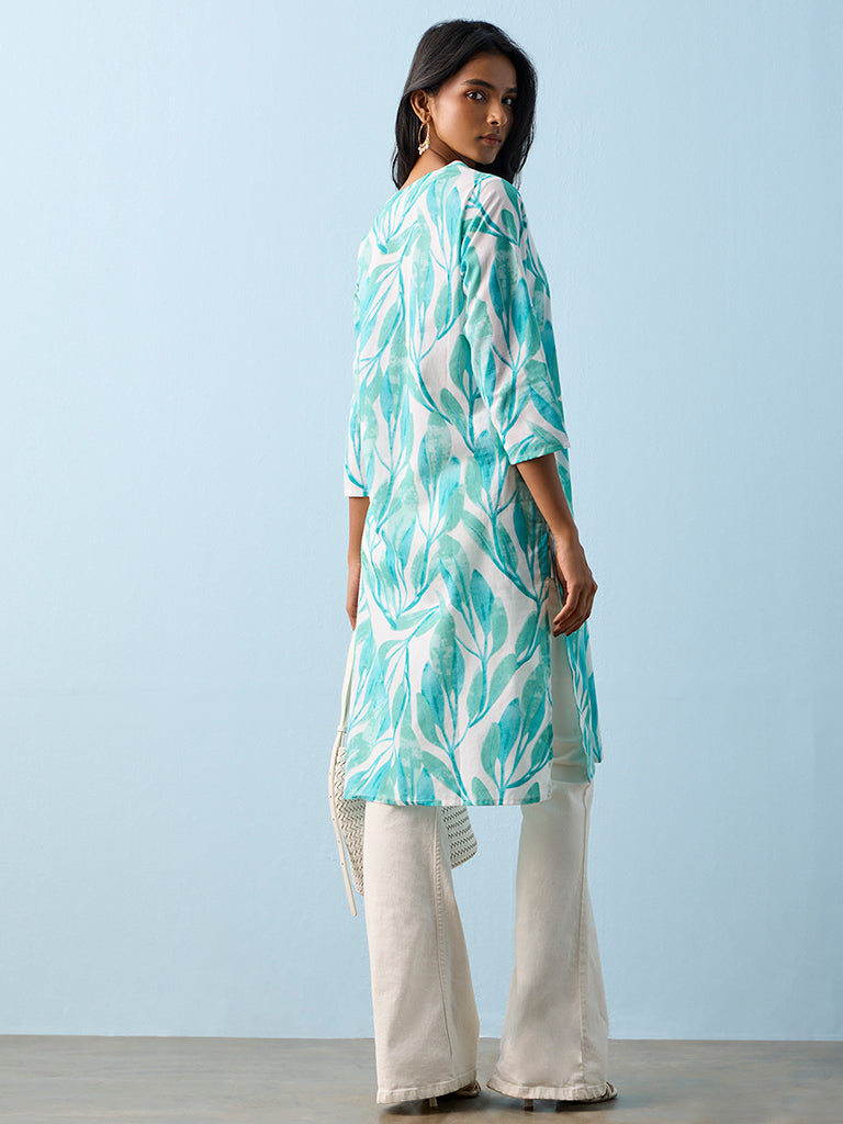 Utsa Aqua Botanical Printed Cotton Straight Kurta