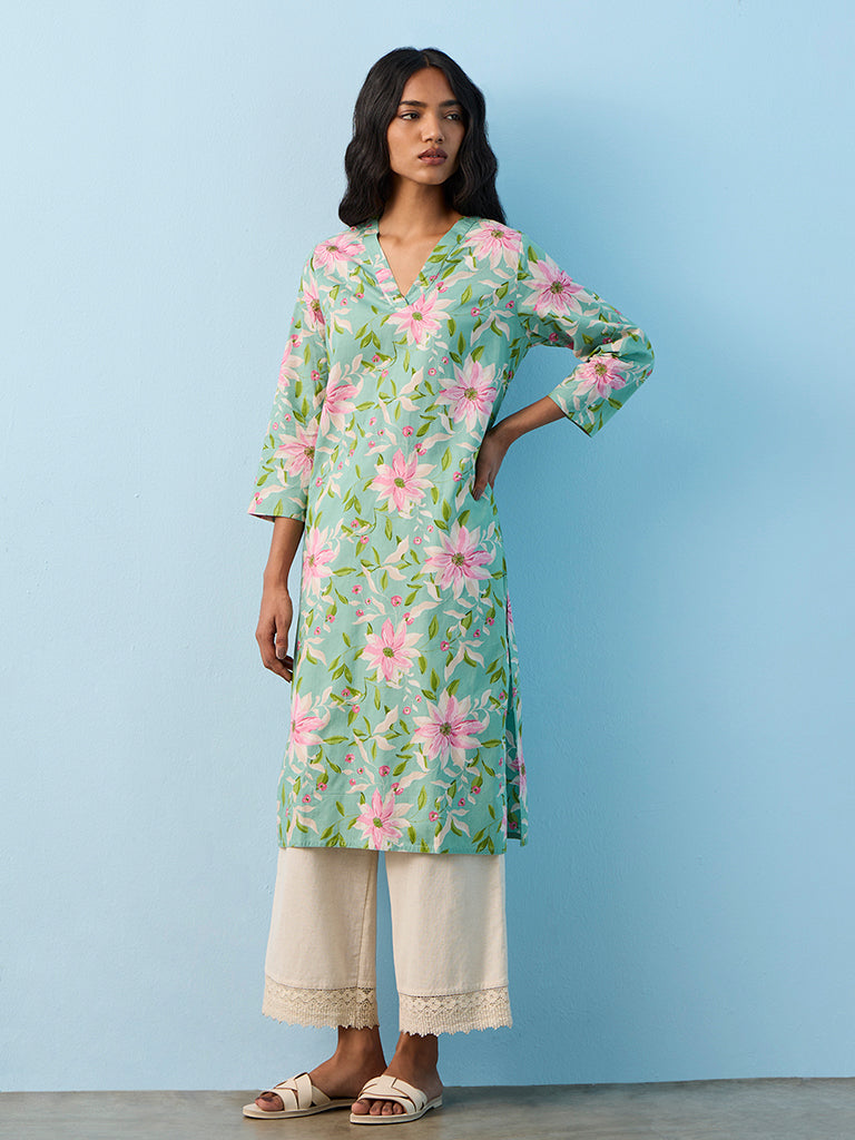 Utsa Blue Floral Printed Cotton Straight Kurta