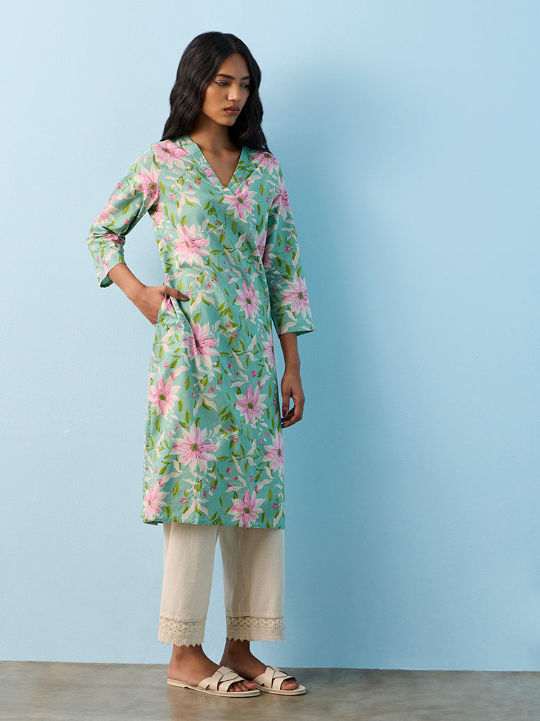 Utsa Blue Floral Printed Cotton Straight Kurta