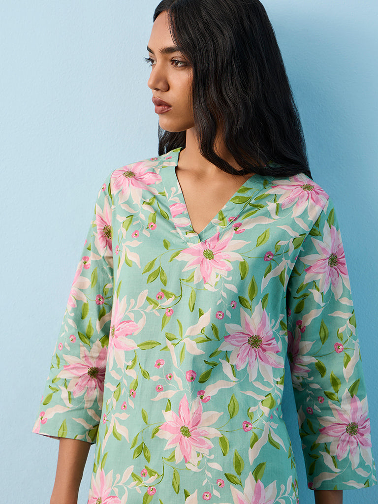 Utsa Blue Floral Printed Cotton Straight Kurta